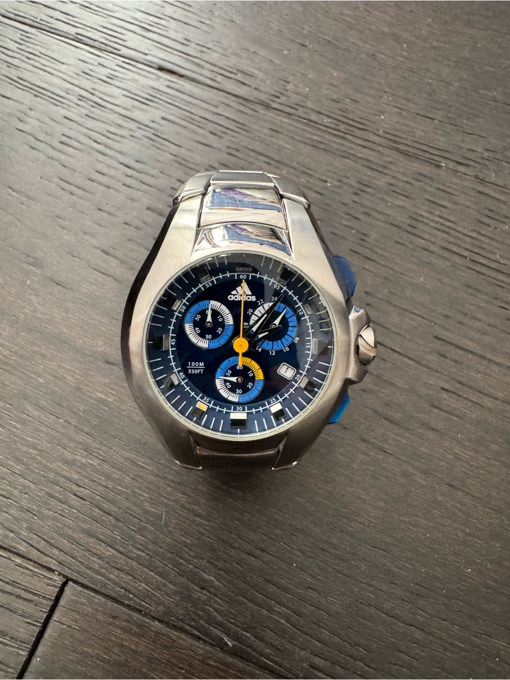 adidas Stainless Steel Chronograph Watch with Blue Dial and Yellow Accents